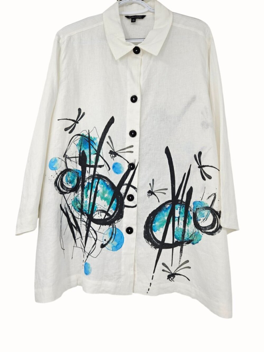 John Mark Abstract Button Up Linen Top White Women's Size 1X Artsy Art To Wear - Picture 1 of 11